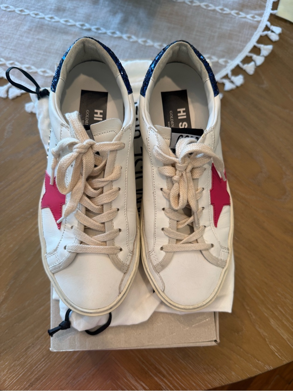 Golden Goose Hi Star White Leather Sneakers with Pink Star and Blue Glitter Heel